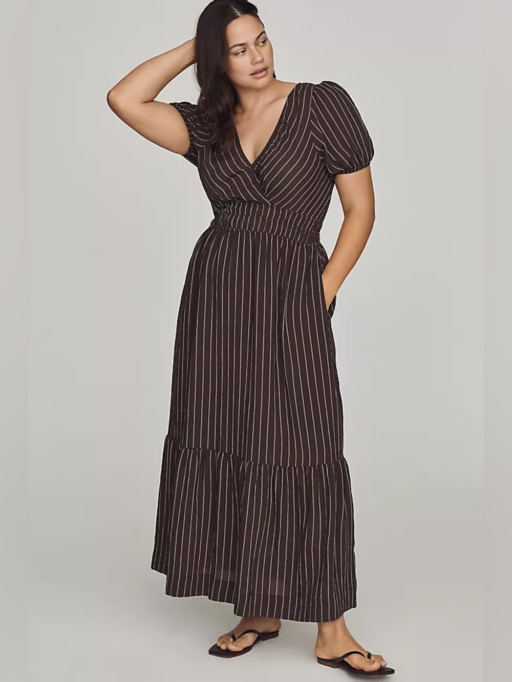 Anthropologie Women’s Brown Stripe Puff Sleeve Maxi Dress Large